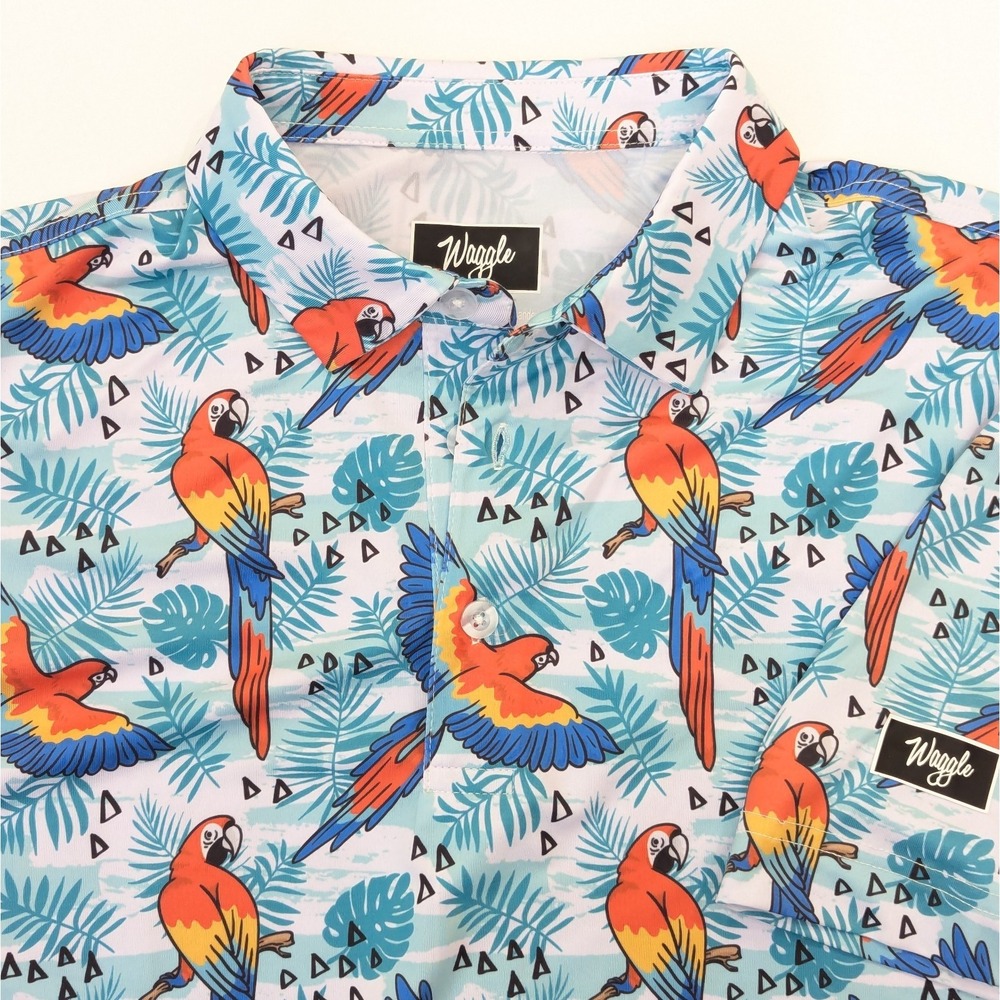 Waggle Golf Polo Shirt Tropical Parrot Palm Tree Print Men's MEDIUM Lightweight